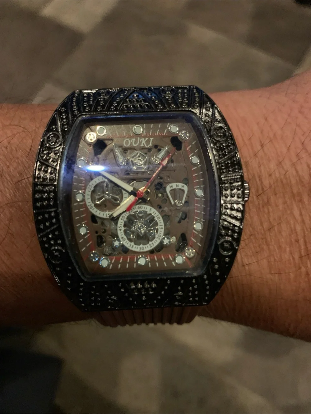 OUKI Men’s Skeleton Style Tonneau Watch Black Brown Luxury Look
